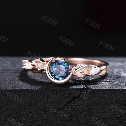 5mm Nature Inspired Color-Change Alexandrite Opal Ring Unique Moon Star Design Celestial Wedding Ring Twist Leaf Vine Round Alexandrite Ring