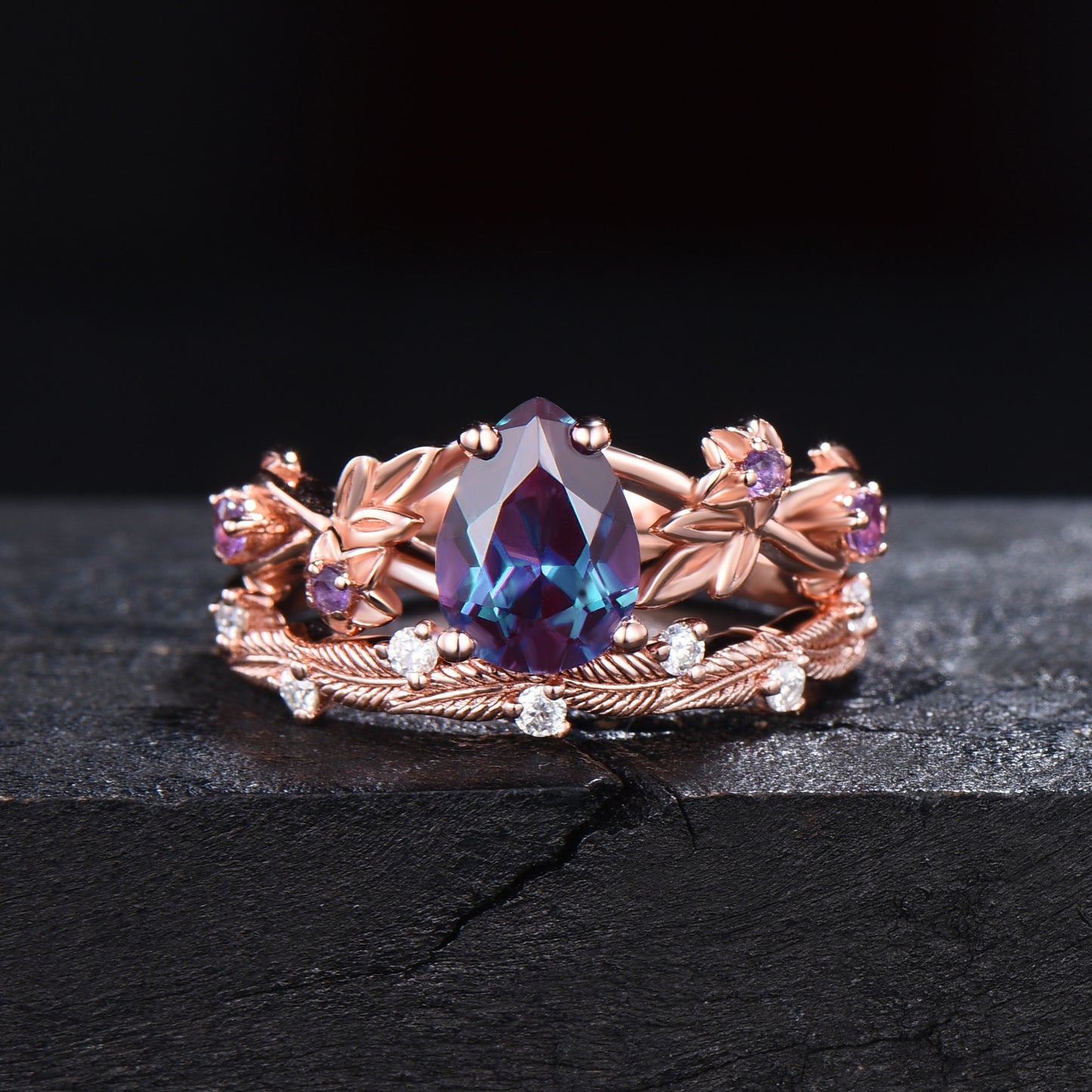 1.25ct Twig Vine Branch Nature Inspired Pear Alexandrite Engagement Ring Set Rose Flower Floral Amethyst Rings Unique June Birthstone Gifts