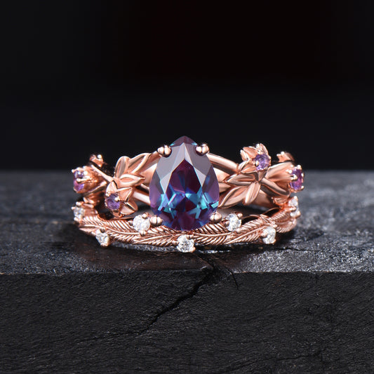 1.25ct Twig Vine Branch Nature Inspired Pear Alexandrite Engagement Ring Set Rose Flower Floral Amethyst Rings Unique June Birthstone Gifts