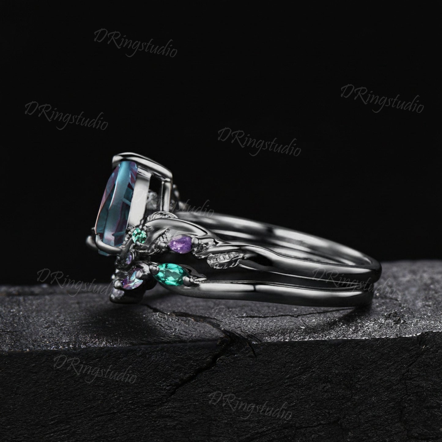 1.25CT Fireworks Cut Color-Change Alexandrite Black Gold Wedding Ring Set Pear Cut Engagement Rings Twig Vine Emerald Amethyst Bridal Set