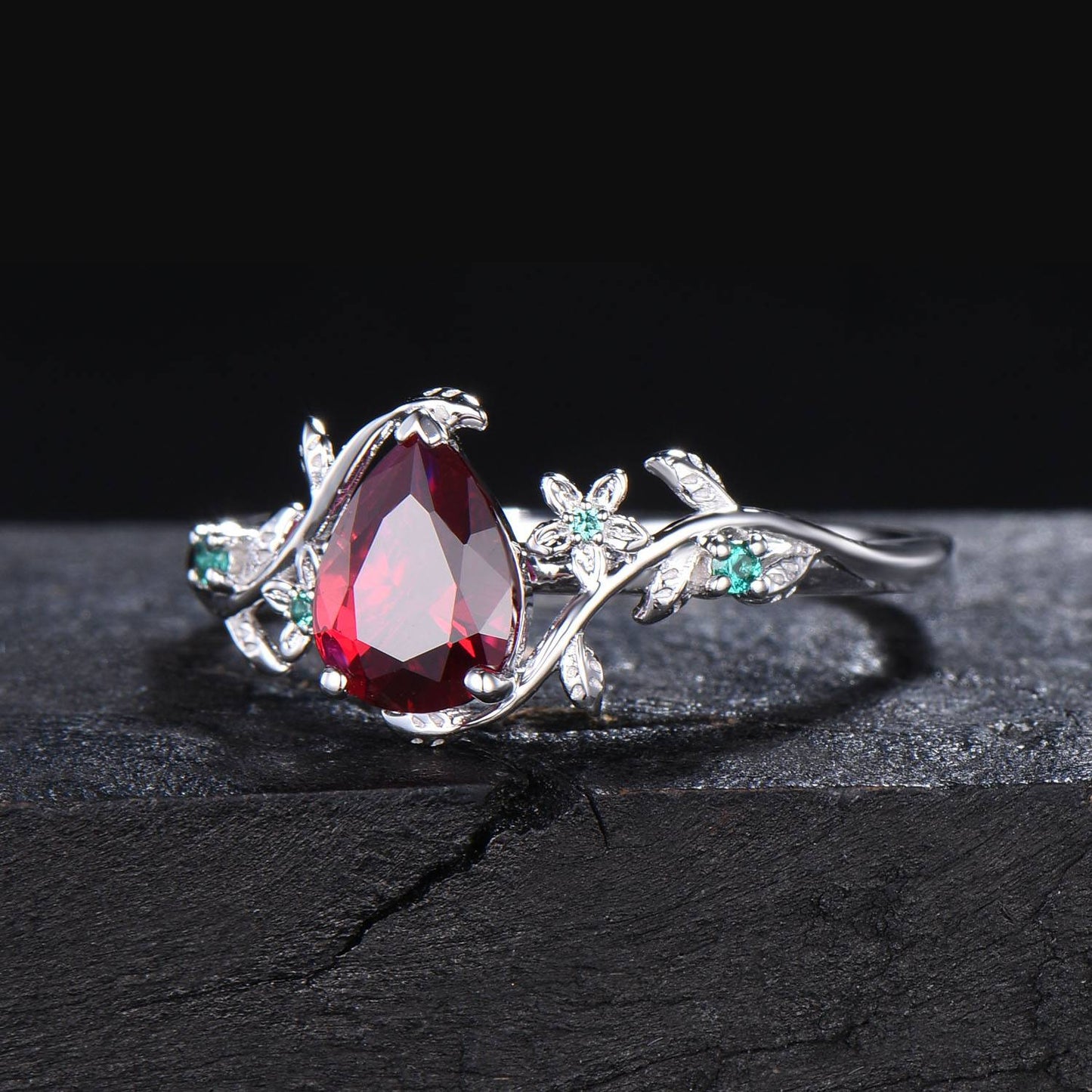 1.25ct Nature Inspired Teardrop Cut Red Ruby Flower Engagement Ring Branch Leaf Cluster Emerald Ring Vintage 14K Solid Gold Floral Wedding Ring