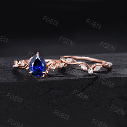 1.25ct Nature Inspired Blue Sapphire Diamond Engagement Ring Set Twist Band Moissanite Wedding Ring Leaf Vine Branch Blue Sapphire Bridal Set