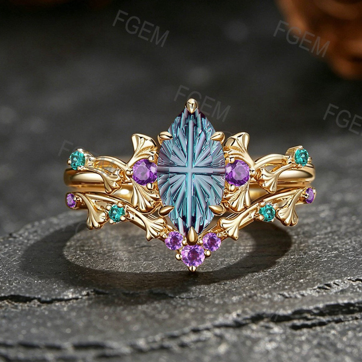 1CT Fantasy Cut Color-Change Alexandrite Engagement Ring 18K Yellow Gold Marquise Cut Alexandrite Ginkgo Leaf Wedding Ring Set