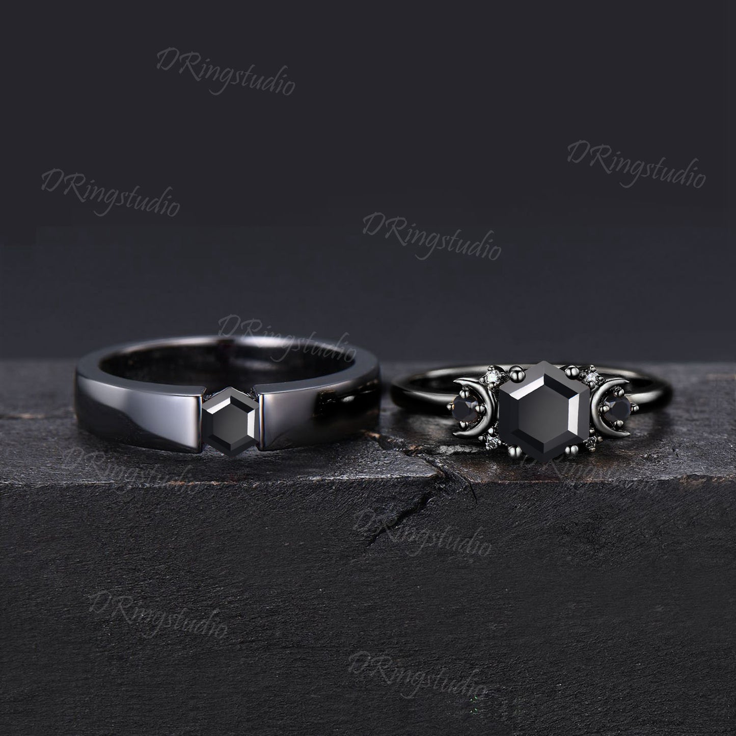 Natural Black Onyx Couple Rings Set Matching His And Her Ring Black Gemstone Ring Set