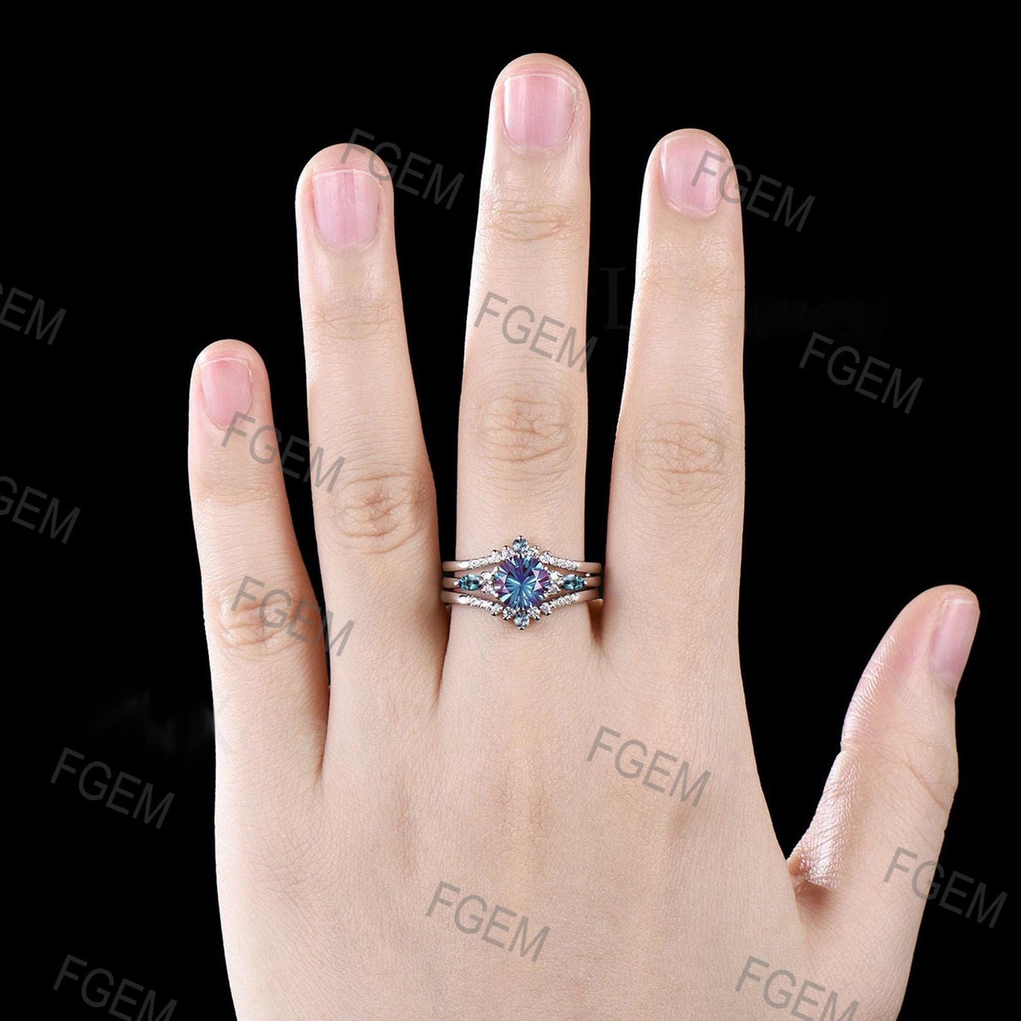 Round Fireworks Cut Color Change Alexandrite Wedding Ring Set Dainty 14k White Gold Engagement Ring Moissanite Cluster Halo 3pcs Bridal Set