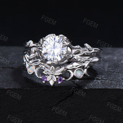 Twig Moissanite Engagement Ring White Gold Nature Inspired 6.5mm Round Moissanite Bridal Set Branch Opal Amethyst Wedding Ring Proposal Gift