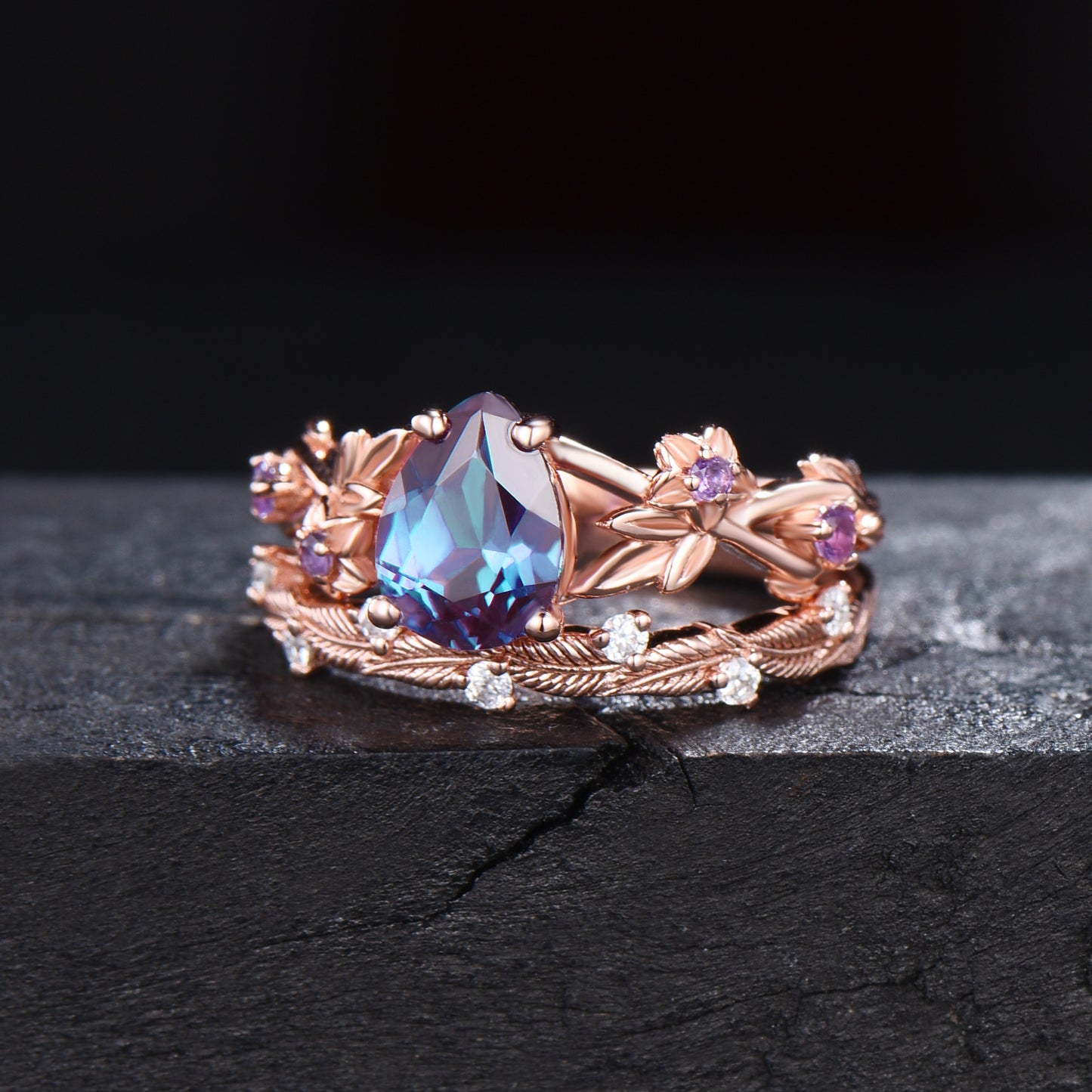 1.25ct Twig Vine Branch Nature Inspired Pear Alexandrite Engagement Ring Set Rose Flower Floral Amethyst Rings Unique June Birthstone Gifts