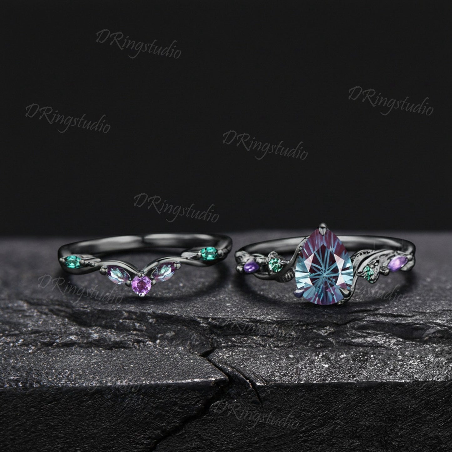 1.25CT Fireworks Cut Color-Change Alexandrite Black Gold Wedding Ring Set Pear Cut Engagement Rings Twig Vine Emerald Amethyst Bridal Set