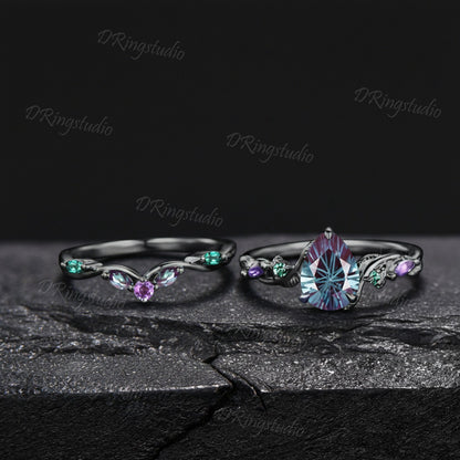 1.25CT Fireworks Cut Color-Change Alexandrite Black Gold Wedding Ring Set Pear Cut Engagement Rings Twig Vine Emerald Amethyst Bridal Set