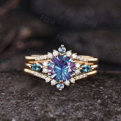 Round Fireworks Cut Color Change Alexandrite Wedding Ring Set Dainty 14k White Gold Engagement Ring Moissanite Cluster Halo 3pcs Bridal Set