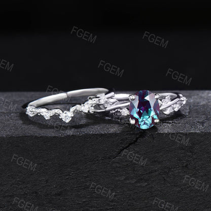 1.5ct Oval Color-Change Alexandrite Ring Set Nature Inspired Entangled Vines Moissanite Ring Twig Leaf Alexandrite Botanical Ring Women Gift