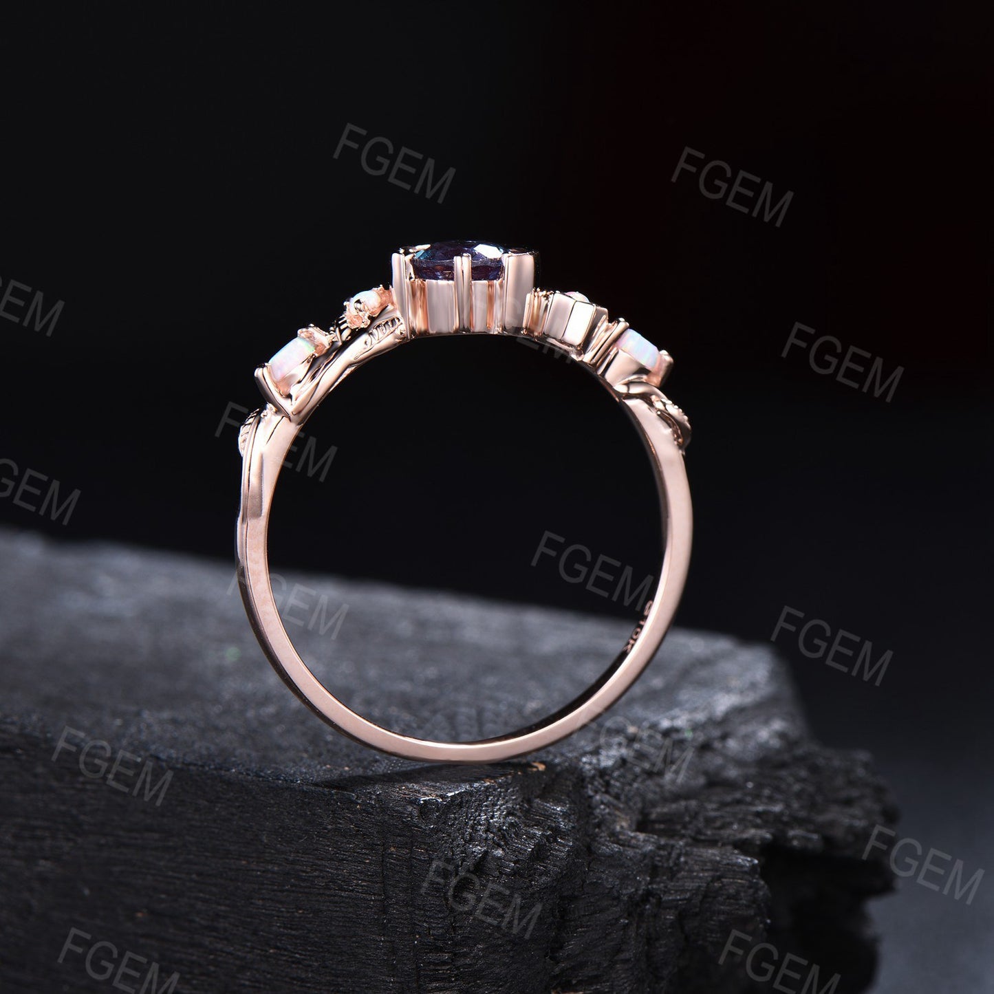 Nature Inspired Color-Change Alexandrite Amethyst Ring Unique Moon Star Design Celestial Wedding Ring Twist Leaf Vine Round Alexandrite Ring