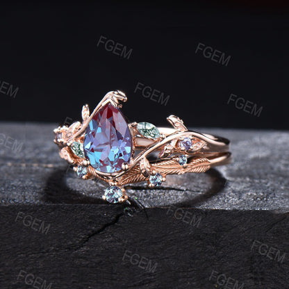 Vintage Branch Vine Teardrop Alexandrite Engagement Ring Set Twig Moss Agate Bridal Set Rose Gold Leaves Alexandrite Ring Promise Women Gift