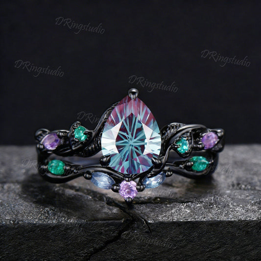 1.25CT Fireworks Cut Color-Change Alexandrite Black Gold Wedding Ring Set Pear Cut Engagement Rings Twig Vine Emerald Amethyst Bridal Set