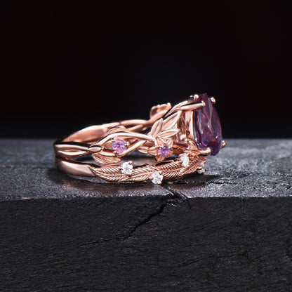 1.25ct Twig Vine Branch Nature Inspired Pear Alexandrite Engagement Ring Set Rose Flower Floral Amethyst Rings Unique June Birthstone Gifts