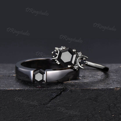 Natural Black Onyx Couple Rings Set Matching His And Her Ring Black Gemstone Ring Set