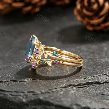 1CT Fantasy Cut Color-Change Alexandrite Engagement Ring 18K Yellow Gold Marquise Cut Alexandrite Ginkgo Leaf Wedding Ring Set