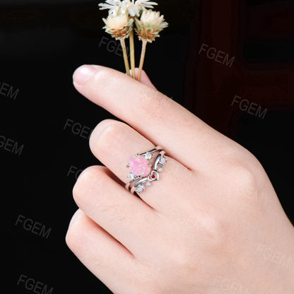 1CT Oval Pink Opal Engagement Ring Art Deco Heart Design Opal Wedding Ring Set 14k White Gold Three Gemstone Ring Contour Matching Ring Gift