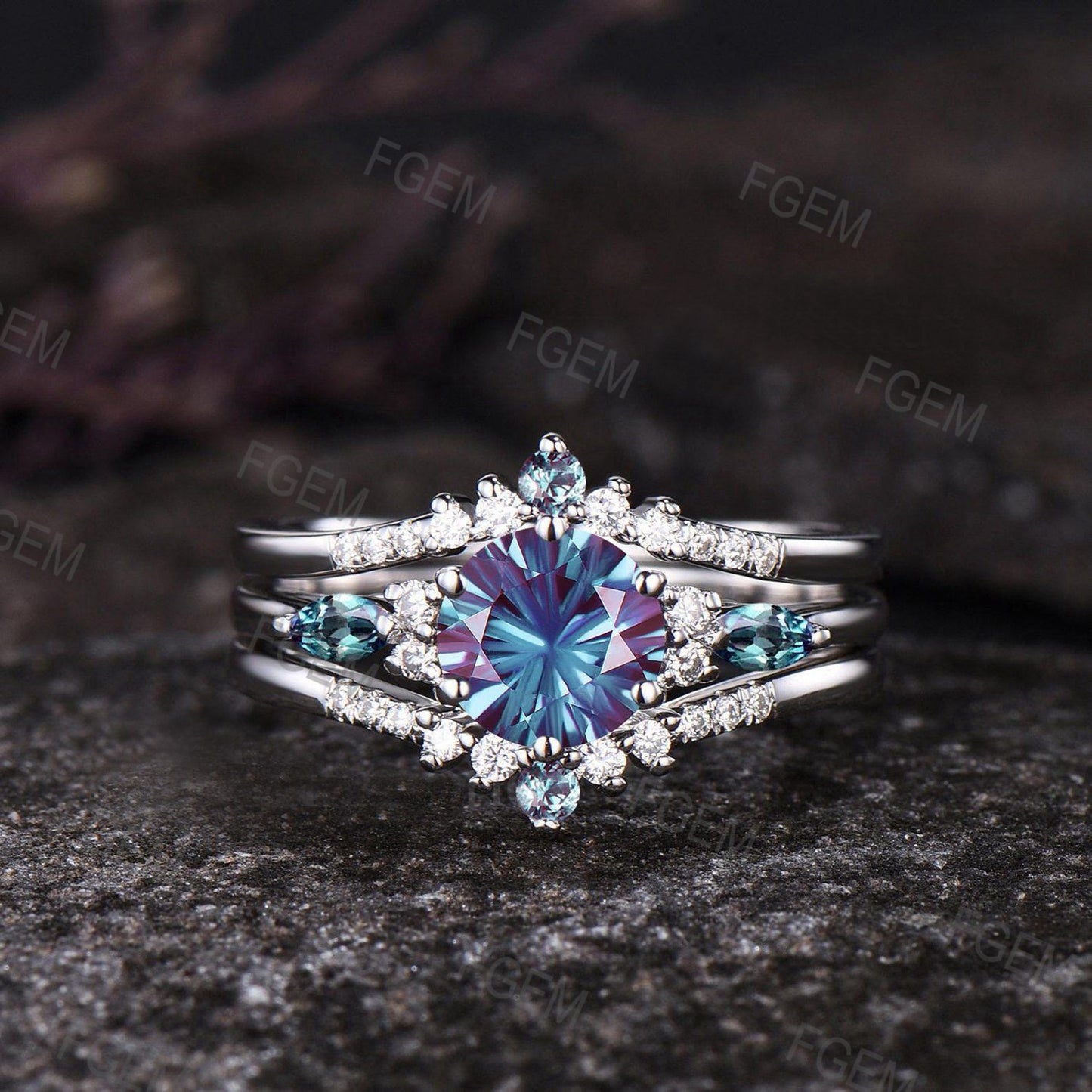 Round Fireworks Cut Color Change Alexandrite Wedding Ring Set Dainty 14k White Gold Engagement Ring Moissanite Cluster Halo 3pcs Bridal Set