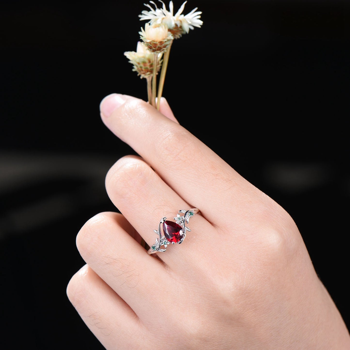 1.25ct Nature Inspired Teardrop Cut Red Ruby Flower Engagement Ring Branch Leaf Cluster Emerald Ring Vintage 14K Solid Gold Floral Wedding Ring