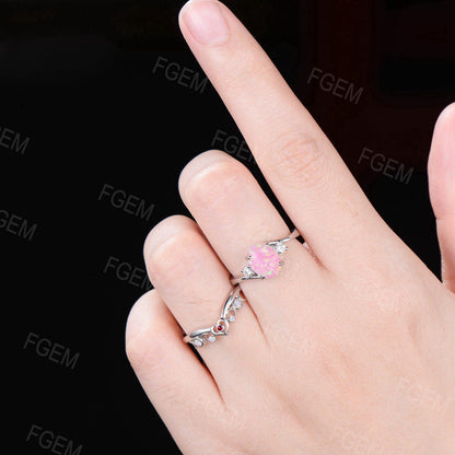 1CT Oval Pink Opal Engagement Ring Art Deco Heart Design Opal Wedding Ring Set 14k White Gold Three Gemstone Ring Contour Matching Ring Gift