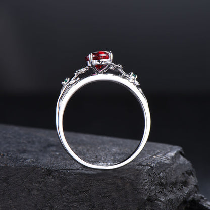 1.25ct Nature Inspired Teardrop Cut Red Ruby Flower Engagement Ring Branch Leaf Cluster Emerald Ring Vintage 14K Solid Gold Floral Wedding Ring