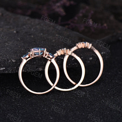 Round Fireworks Cut Color Change Alexandrite Wedding Ring Set Dainty 14k White Gold Engagement Ring Moissanite Cluster Halo 3pcs Bridal Set