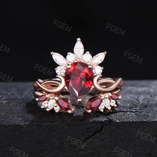 Teardrop Ruby Engagement Ring Set Vintage Crown Marquise Moissanite Bridal Set Twist Ruby Wedding Ring July Birthstone Jewelry Gift for Her