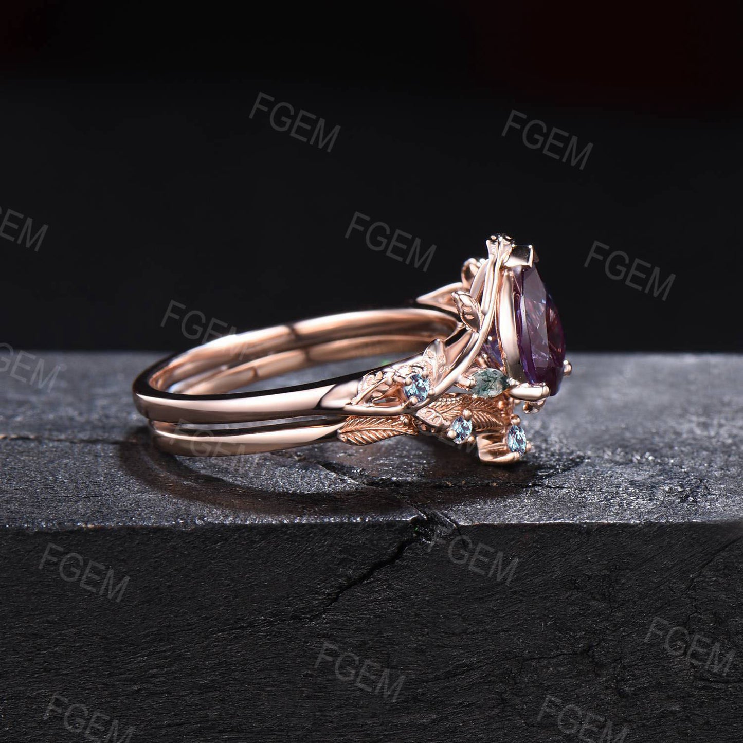 Vintage Branch Vine Teardrop Alexandrite Engagement Ring Set Twig Moss Agate Bridal Set Rose Gold Leaves Alexandrite Ring Promise Women Gift