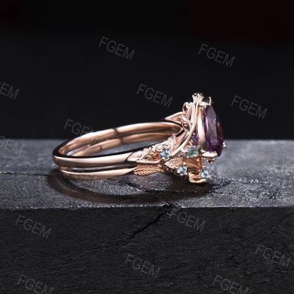 Vintage Branch Vine Teardrop Alexandrite Engagement Ring Set Twig Moss Agate Bridal Set Rose Gold Leaves Alexandrite Ring Promise Women Gift