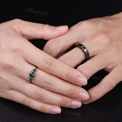 Natural Black Onyx Couple Rings Set Matching His And Her Ring Black Gemstone Ring Set