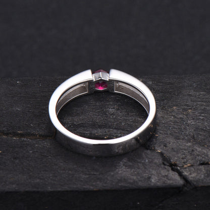4mm Mens Ruby Wedding Band 14K Black Gold Hexagon Cut Ruby Engagement Ring Pinky Ring July Birthstone Jewelry Tension Set Ring Promise Gift