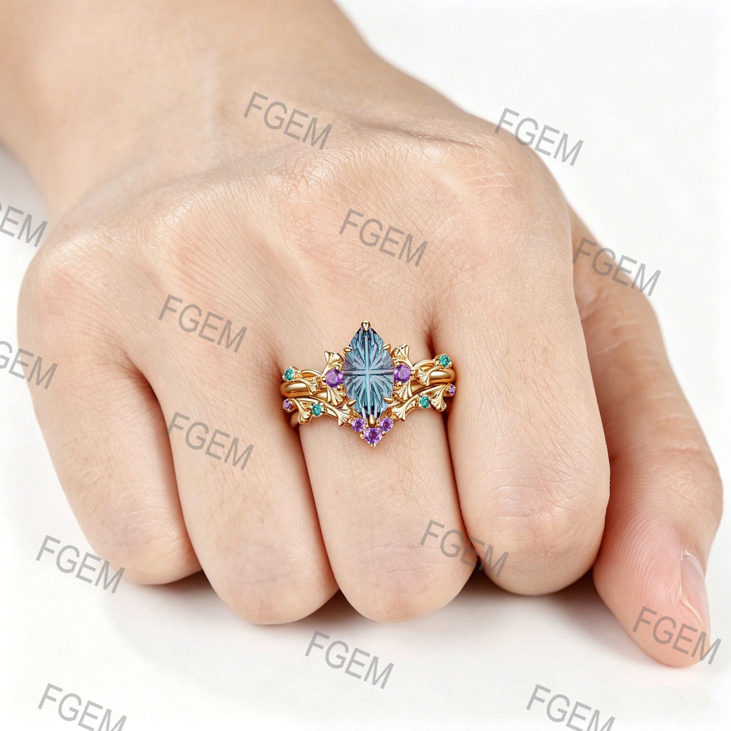 1CT Fantasy Cut Color-Change Alexandrite Engagement Ring 18K Yellow Gold Marquise Cut Alexandrite Ginkgo Leaf Wedding Ring Set