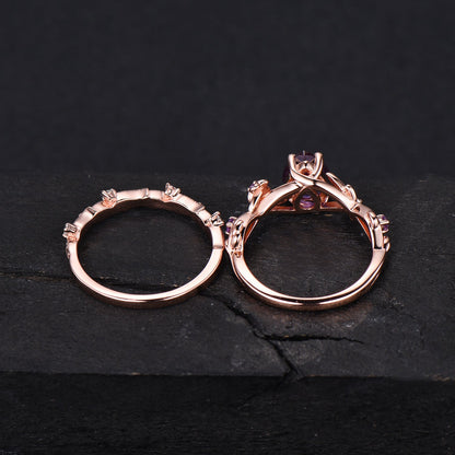 1.25ct Twig Vine Branch Nature Inspired Pear Alexandrite Engagement Ring Set Rose Flower Floral Amethyst Rings Unique June Birthstone Gifts