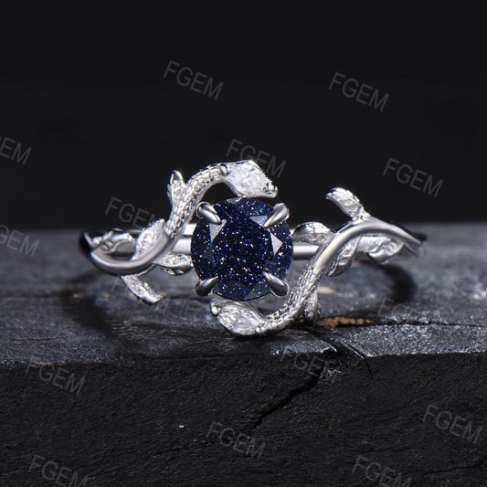 Gold Snake Ring Round Starry Blue Sandstone Engagement Ring Antique Serpent Wedding Ring Branch Vine Galaxy Goldstone Ring Anniversary Gifts