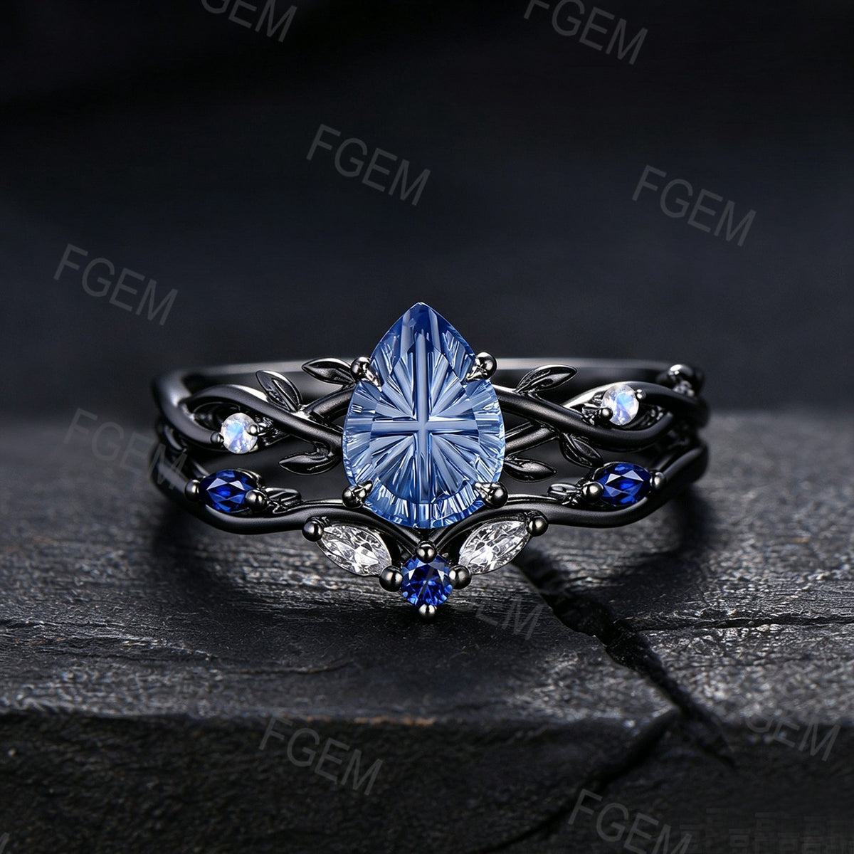 1.25CT Pear Cut Cornflower Blue Sapphire Engagement Ring Set White Gold Twig Vine Moonstone Sapphire Wedding Ring Fantasy Cut Bridal Ring