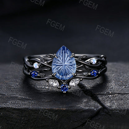 1.25CT Pear Cut Cornflower Blue Sapphire Engagement Ring Set White Gold Twig Vine Moonstone Sapphire Wedding Ring Fantasy Cut Bridal Ring