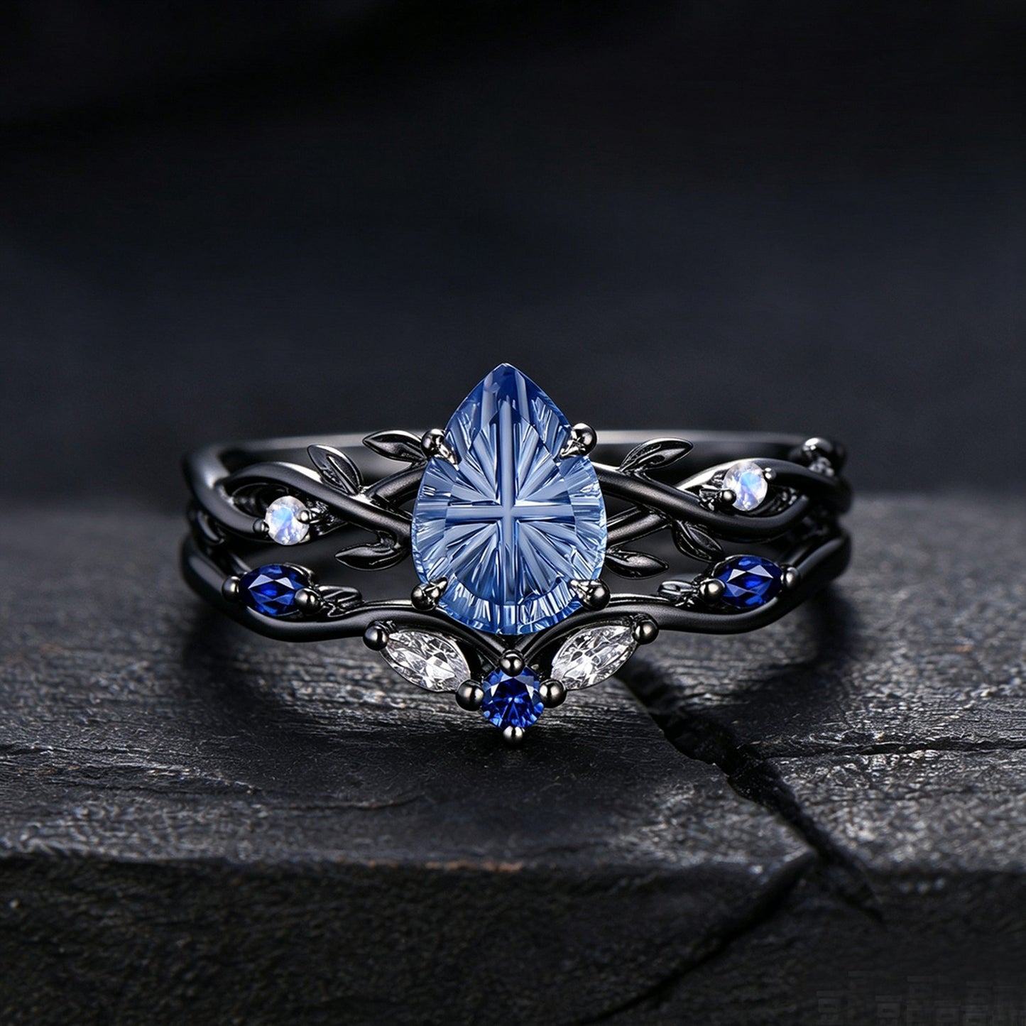 1.25CT Pear Cut Cornflower Blue Sapphire Engagement Ring Set White Gold Twig Vine Moonstone Sapphire Wedding Ring Fantasy Cut Bridal Ring