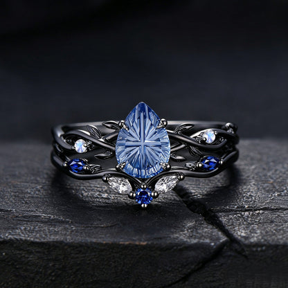 1.25CT Pear Cut Cornflower Blue Sapphire Engagement Ring Set White Gold Twig Vine Moonstone Sapphire Wedding Ring Fantasy Cut Bridal Ring