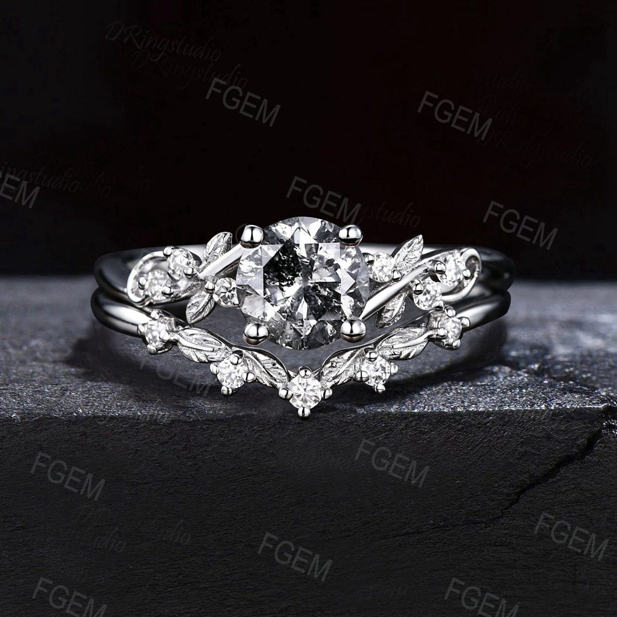 Natural Salt And Pepper Diamond Round Engagement Ring Set 14k White Gold Vine Twig Leaf Stacking Ring Unique Art Deco Bridal Promise Ring