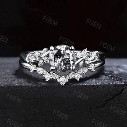Natural Salt And Pepper Diamond Round Engagement Ring Set 14k White Gold Vine Twig Leaf Stacking Ring Unique Art Deco Bridal Promise Ring