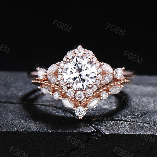 Unique Flower Design Moissanite Diamond Halo Wedding Ring Set 14K Rose Gold Round Moissanite Engagement Ring Vintage Anniversary Gifts