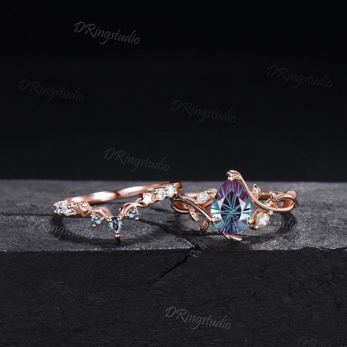 14k Rose Gold Twig Branch Leaf Engagement Ring Nature Inspired Fireworks Cut Alexandrite Bridal Set Unique Moon Star Moissanite Wedding Ring