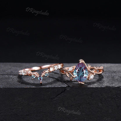 14k Rose Gold Twig Branch Leaf Engagement Ring Nature Inspired Fireworks Cut Alexandrite Bridal Set Unique Moon Star Moissanite Wedding Ring