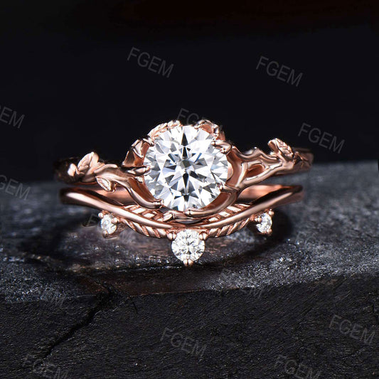 Gold Leaf Engagement Ring Set Nature Inspired 6.5mm Round Moissanite Bridal Set Leaf Vine Moissanite Diamond Wedding Ring Promise Women Gift