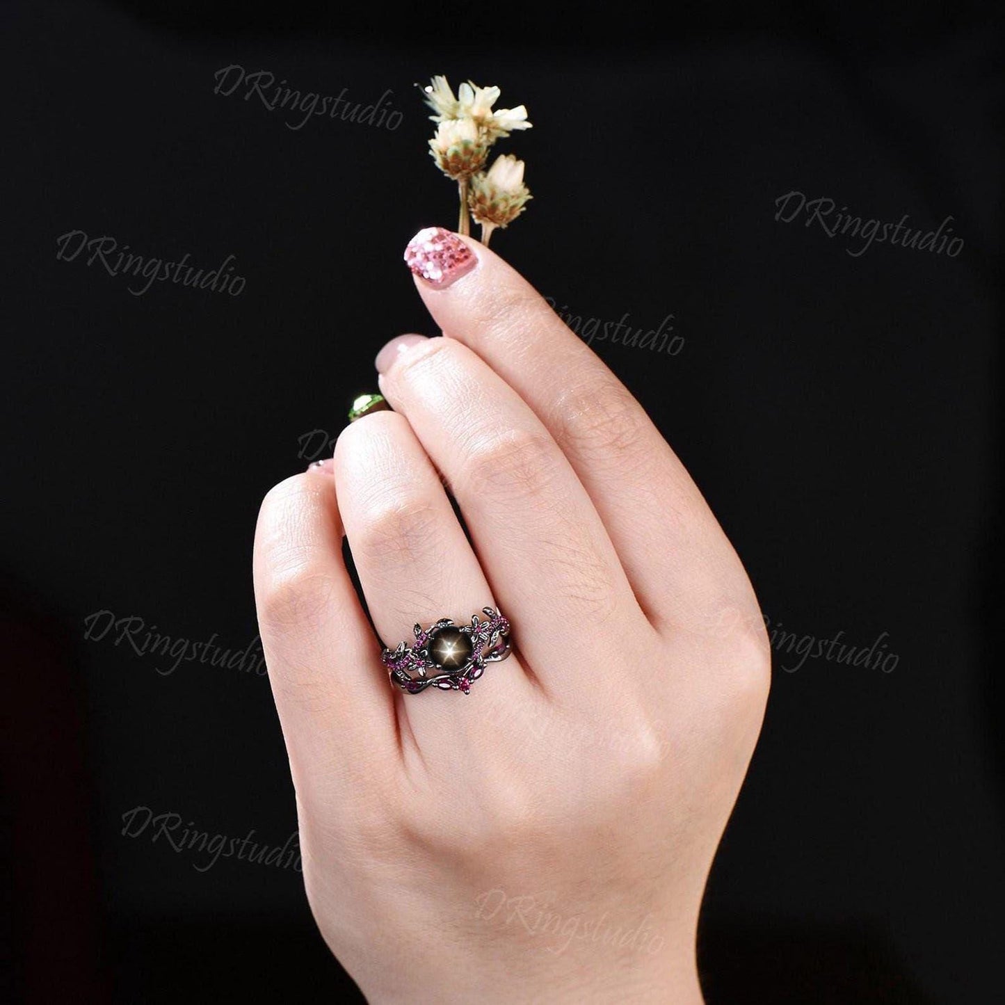 Floral Round Black Star Sapphire Engagement Ring Set Gothic Black Gold Leaf Vine Ruby Bridal Ring Natural Black Lindy Star Ring Promise Gift