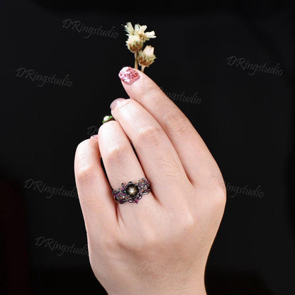 Floral Round Black Star Sapphire Engagement Ring Set Gothic Black Gold Leaf Vine Ruby Bridal Ring Natural Black Lindy Star Ring Promise Gift