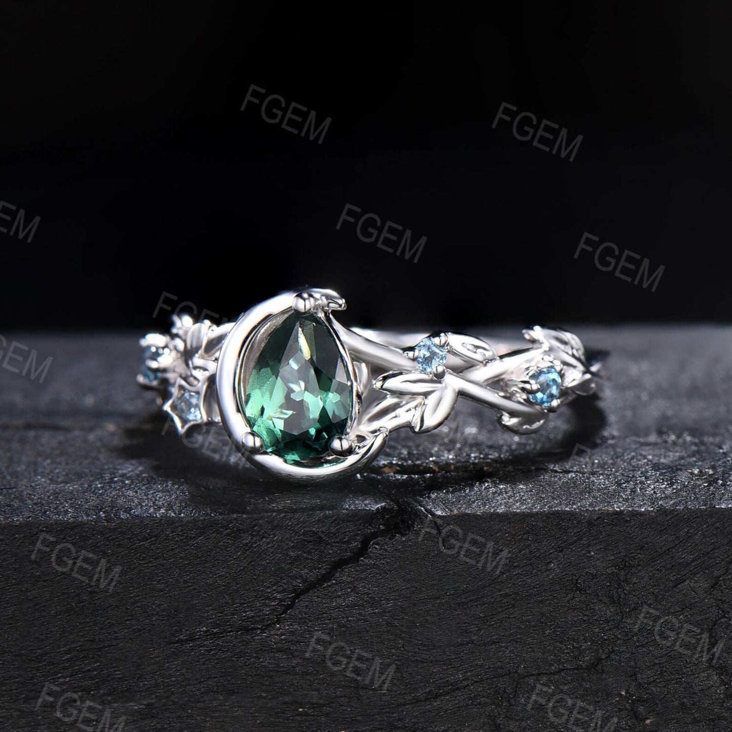 Nature Inspired Pear Green Sapphire Moon Wedding Ring Star London Blue Topaz Ring Branch Promise Ring Unique GraduationAnniversary Gifts