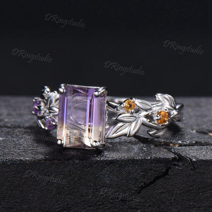Nature Inspired Emerald Cut Ametrine Engagement Ring 925 Sterling Silver Branch Leaf Amethyst Citrine Bridal Ring Bio Color Ametrine Ring
