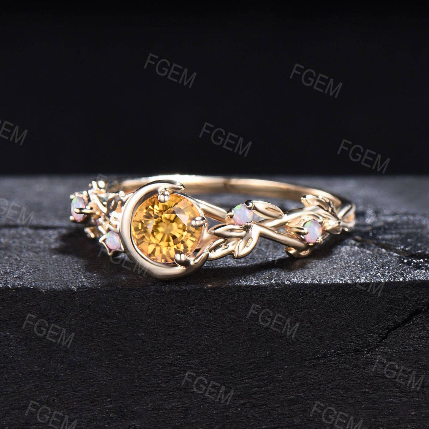 5mm Nature Inspired Natural Yellow Sapphire Opal Engagement Ring 14K Gold Moon Star Design Round Yellow Sapphire Ring Branch Leaf Wedding Rings